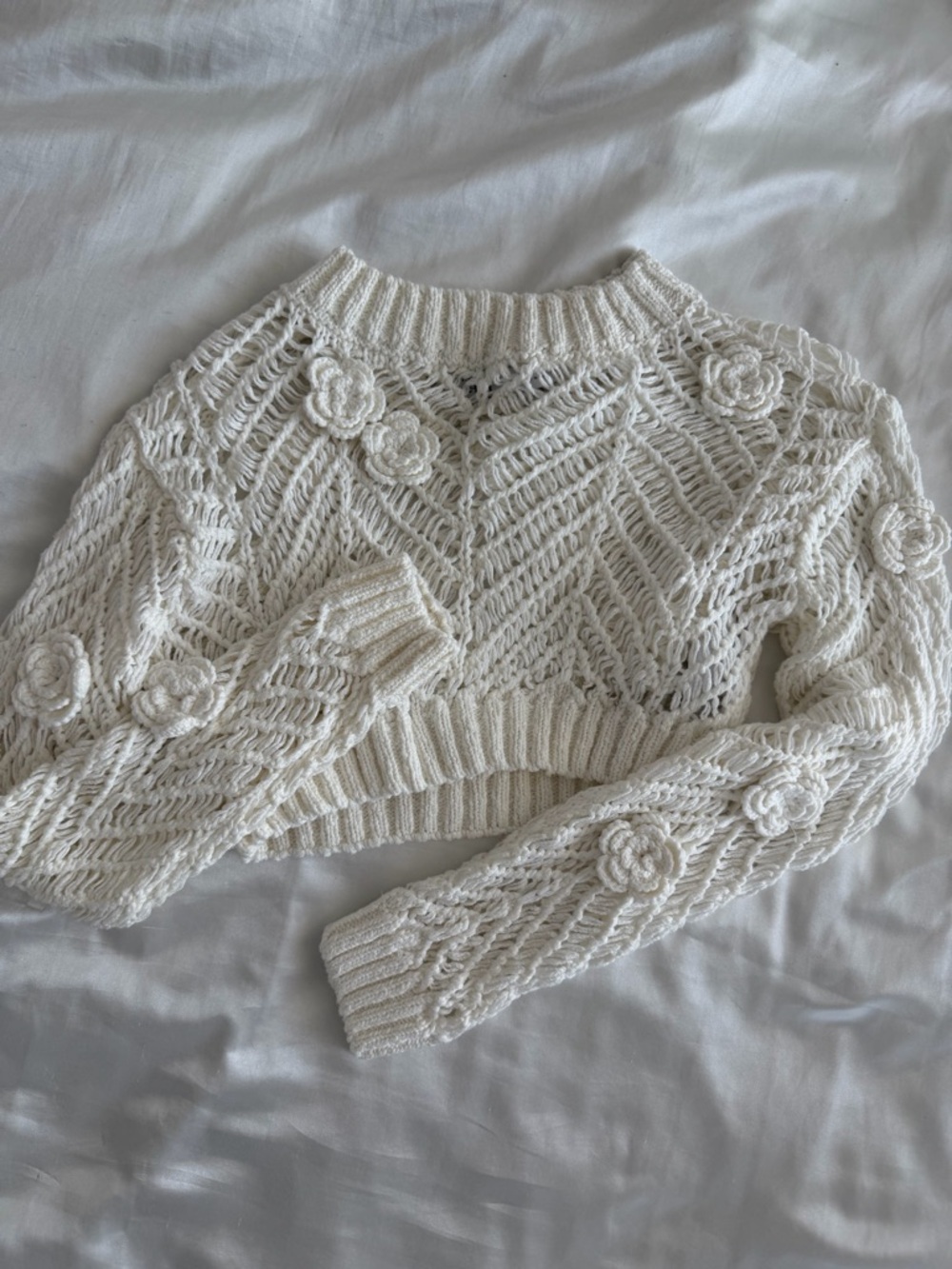 Zara Cream Crochet Floral Appliqué Crop Sweater